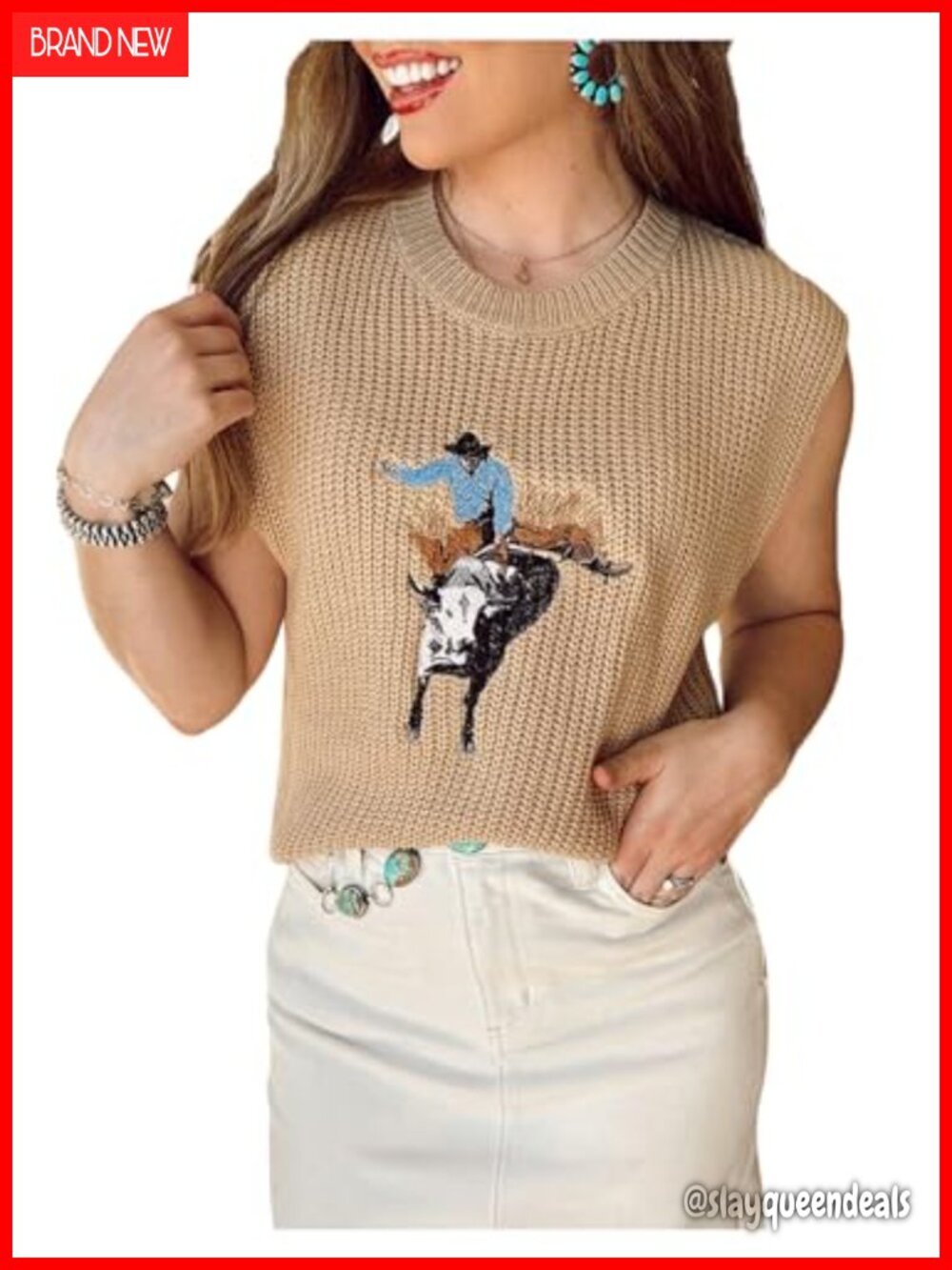 Western Cowboy Embroidered Ribbed Knit Sweater Vest Cap Sleeve Pullover